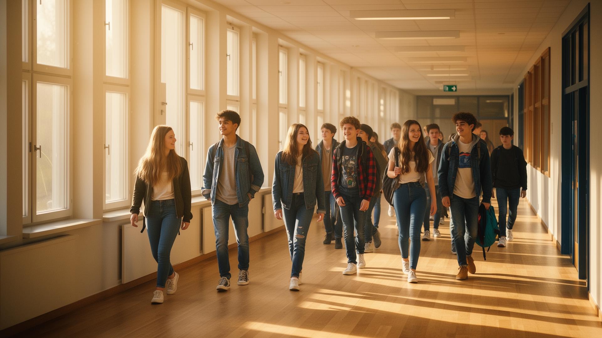 Mångfald av elever i ett soligt skolkorridor
